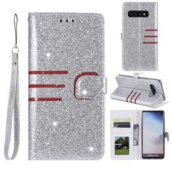 Retro Stitching Glitter Leather Wallet Phone Case for Samsung Galaxy S10 (6.1 inch) - Silver