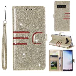 Retro Stitching Glitter Leather Wallet Phone Case for Samsung Galaxy S10 (6.1 inch) - Golden