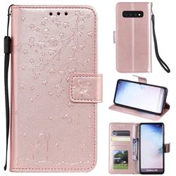 Embossing Cherry Blossom Cat Leather Wallet Case for Samsung Galaxy S10 (6.1 inch) - Rose Gold