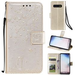 Embossing Cherry Blossom Cat Leather Wallet Case for Samsung Galaxy S10 (6.1 inch) - Golden
