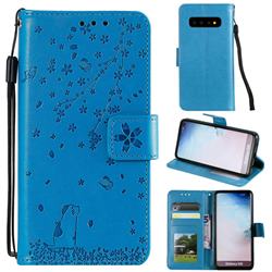 Embossing Cherry Blossom Cat Leather Wallet Case for Samsung Galaxy S10 (6.1 inch) - Blue