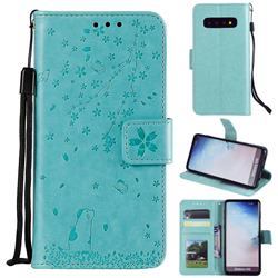 Embossing Cherry Blossom Cat Leather Wallet Case for Samsung Galaxy S10 (6.1 inch) - Green