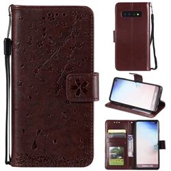 Embossing Cherry Blossom Cat Leather Wallet Case for Samsung Galaxy S10 (6.1 inch) - Brown