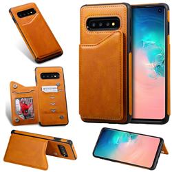 Luxury Multifunction Magnetic Card Slots Stand Calf Leather Phone Back Cover for Samsung Galaxy S10 (6.1 inch) - Brown