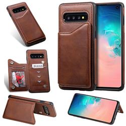 Luxury Multifunction Magnetic Card Slots Stand Calf Leather Phone Back Cover for Samsung Galaxy S10 (6.1 inch) - Coffee