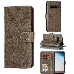 Intricate Embossing Lace Jasmine Flower Leather Wallet Case for Samsung Galaxy S10 (6.1 inch) - Gray
