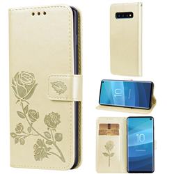 Embossing Rose Flower Leather Wallet Case for Samsung Galaxy S10 (6.1 inch) - Golden