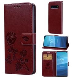 Embossing Rose Flower Leather Wallet Case for Samsung Galaxy S10 (6.1 inch) - Brown