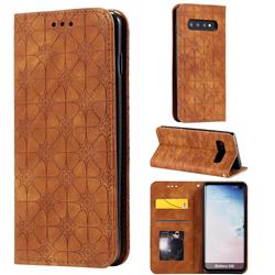 Intricate Embossing Four Leaf Clover Leather Wallet Case for Samsung Galaxy S10 (6.1 inch) - Yellowish Brown