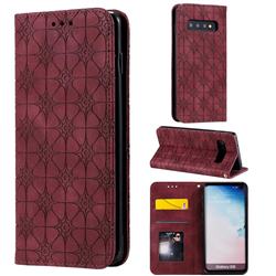 Intricate Embossing Four Leaf Clover Leather Wallet Case for Samsung Galaxy S10 (6.1 inch) - Claret