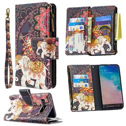 Totem Flower Elephant Binfen Color BF03 Retro Zipper Leather Wallet Phone Case for Samsung Galaxy S10 (6.1 inch)