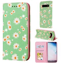 Ultra Slim Daisy Sparkle Glitter Powder Magnetic Leather Wallet Case for Samsung Galaxy S10 (6.1 inch) - Green