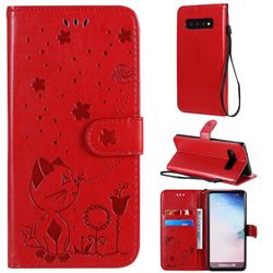 Embossing Bee and Cat Leather Wallet Case for Samsung Galaxy S10 (6.1 inch) - Red