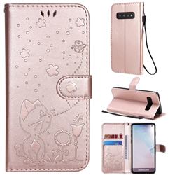 Embossing Bee and Cat Leather Wallet Case for Samsung Galaxy S10 (6.1 inch) - Rose Gold