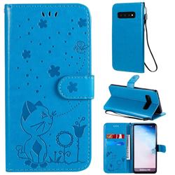 Embossing Bee and Cat Leather Wallet Case for Samsung Galaxy S10 (6.1 inch) - Blue