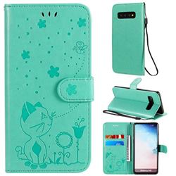 Embossing Bee and Cat Leather Wallet Case for Samsung Galaxy S10 (6.1 inch) - Green