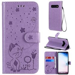 Embossing Bee and Cat Leather Wallet Case for Samsung Galaxy S10 (6.1 inch) - Purple