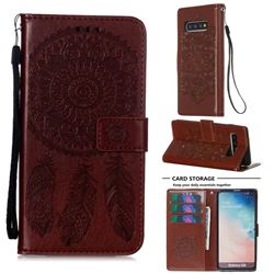 Embossing Dream Catcher Mandala Flower Leather Wallet Case for Samsung Galaxy S10 (6.1 inch) - Brown