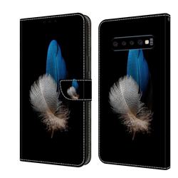 White Blue Feathers Crystal PU Leather Protective Wallet Case Cover for Samsung Galaxy S10 (6.1 inch)