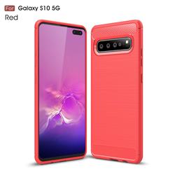 Luxury Carbon Fiber Brushed Wire Drawing Silicone TPU Back Cover for Samsung Galaxy S10 5G (6.7 inch) - Red
