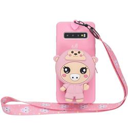 Pink Pig Neck Lanyard Zipper Wallet Silicone Case for Samsung Galaxy S10 5G (6.7 inch)
