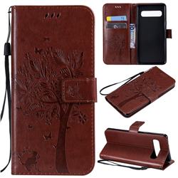 Embossing Butterfly Tree Leather Wallet Case for Samsung Galaxy S10 5G (6.7 inch) - Coffee