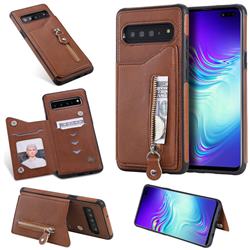 Retro Buckle Zipper Anti-fall Leather Phone Back Cover for Samsung Galaxy S10 5G (6.7 inch) - Brown