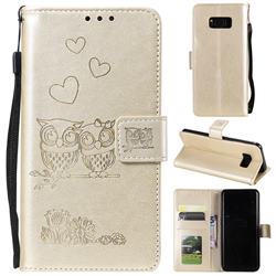 Embossing Owl Couple Flower Leather Wallet Case for Samsung Galaxy S10 5G (6.7 inch) - Golden