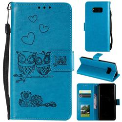 Embossing Owl Couple Flower Leather Wallet Case for Samsung Galaxy S10 5G (6.7 inch) - Blue