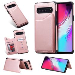 Luxury Multifunction Magnetic Card Slots Stand Calf Leather Phone Back Cover for Samsung Galaxy S10 5G (6.7 inch) - Rose Gold