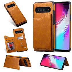 Luxury Multifunction Magnetic Card Slots Stand Calf Leather Phone Back Cover for Samsung Galaxy S10 5G (6.7 inch) - Brown