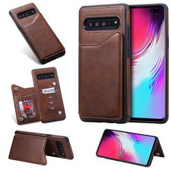 Luxury Multifunction Magnetic Card Slots Stand Calf Leather Phone Back Cover for Samsung Galaxy S10 5G (6.7 inch) - Coffee