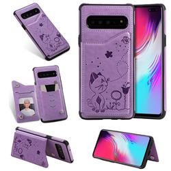 Luxury Bee and Cat Multifunction Magnetic Card Slots Stand Leather Back Cover for Samsung Galaxy S10 5G (6.7 inch) - Purple