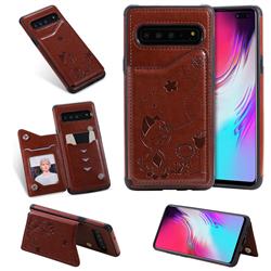 Luxury Bee and Cat Multifunction Magnetic Card Slots Stand Leather Back Cover for Samsung Galaxy S10 5G (6.7 inch) - Brown