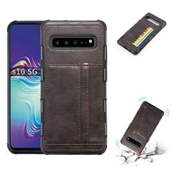 Luxury Shatter-resistant Leather Coated Card Phone Case for Samsung Galaxy S10 5G (6.7 inch) - Coffee