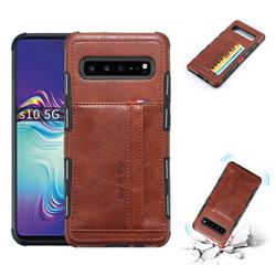Luxury Shatter-resistant Leather Coated Card Phone Case for Samsung Galaxy S10 5G (6.7 inch) - Brown