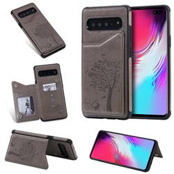 Luxury R61 Tree Cat Magnetic Stand Card Leather Phone Case for Samsung Galaxy S10 5G (6.7 inch) - Gray
