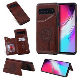 Luxury R61 Tree Cat Magnetic Stand Card Leather Phone Case for Samsung Galaxy S10 5G (6.7 inch) - Brown