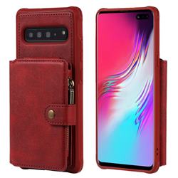 Retro Luxury Multifunction Zipper Leather Phone Back Cover for Samsung Galaxy S10 5G (6.7 inch) - Red