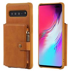 Retro Luxury Multifunction Zipper Leather Phone Back Cover for Samsung Galaxy S10 5G (6.7 inch) - Brown