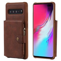 Retro Luxury Multifunction Zipper Leather Phone Back Cover for Samsung Galaxy S10 5G (6.7 inch) - Coffee