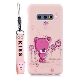 Pink Flower Bear Soft Kiss Candy Hand Strap Silicone Case for Samsung Galaxy S10e (5.8 inch)