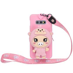 Pink Pig Neck Lanyard Zipper Wallet Silicone Case for Samsung Galaxy S10e (5.8 inch)