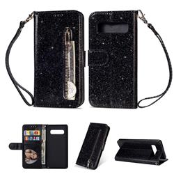 Glitter Shine Leather Zipper Wallet Phone Case for Samsung Galaxy S10e (5.8 inch) - Black