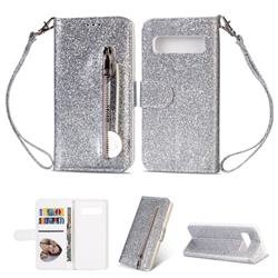 Glitter Shine Leather Zipper Wallet Phone Case for Samsung Galaxy S10e (5.8 inch) - Silver