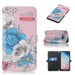 Pink Blue Rose Endeavour Florid Pearl Flower Pendant Metal Strap PU Leather Wallet Case for Samsung Galaxy S10e (5.8 inch)