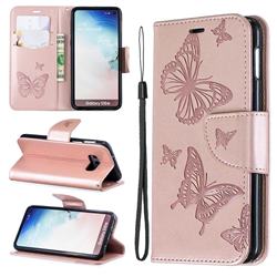 Embossing Double Butterfly Leather Wallet Case for Samsung Galaxy S10e (5.8 inch) - Rose Gold