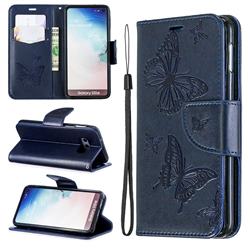 Embossing Double Butterfly Leather Wallet Case for Samsung Galaxy S10e (5.8 inch) - Dark Blue
