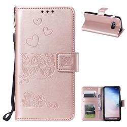 Embossing Owl Couple Flower Leather Wallet Case for Samsung Galaxy S10e (5.8 inch) - Rose Gold