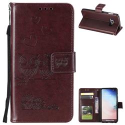 Embossing Owl Couple Flower Leather Wallet Case for Samsung Galaxy S10e (5.8 inch) - Brown